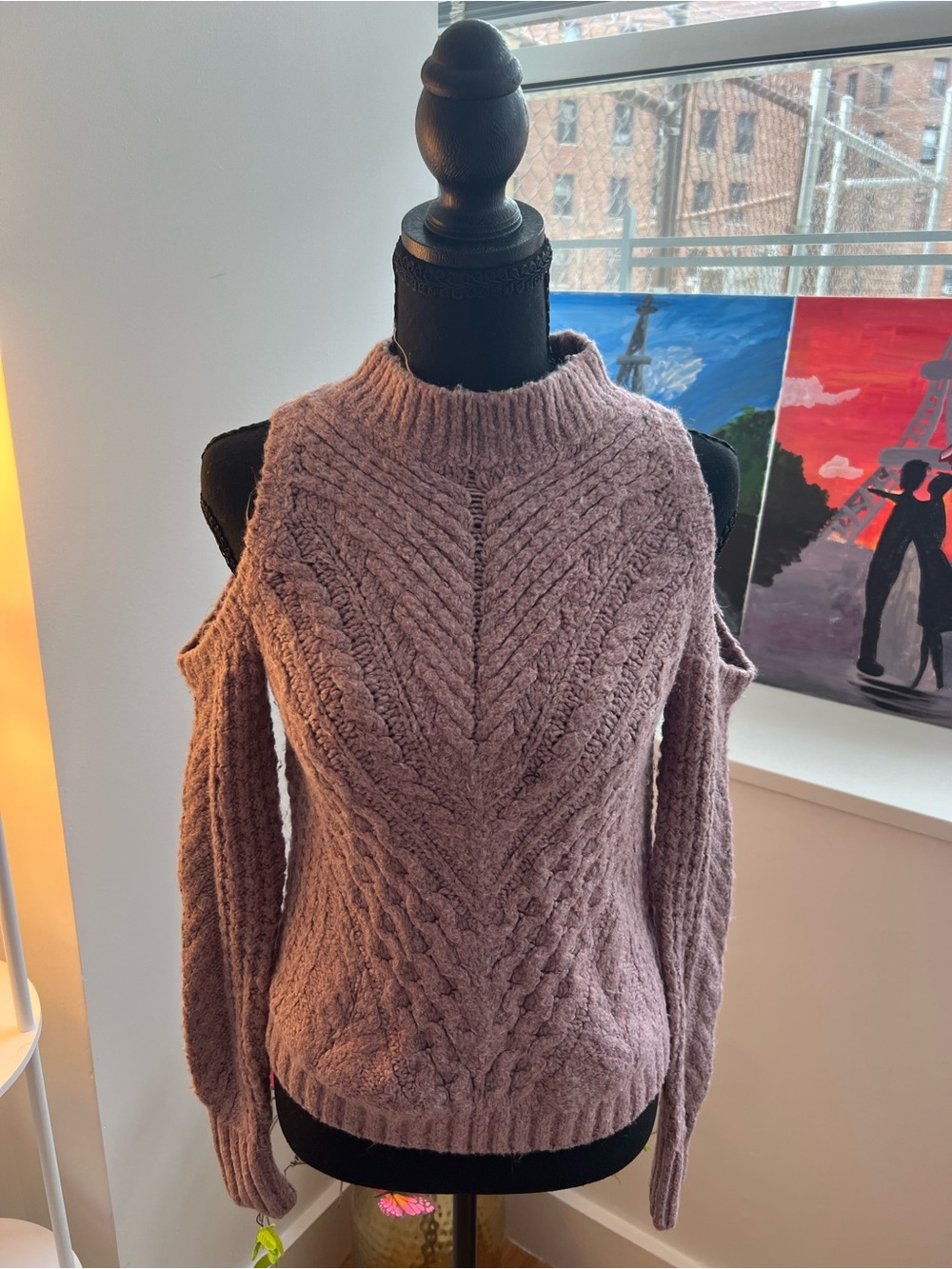 Express Dusty Mauve Off-Shoulder Cable Knit Sweater